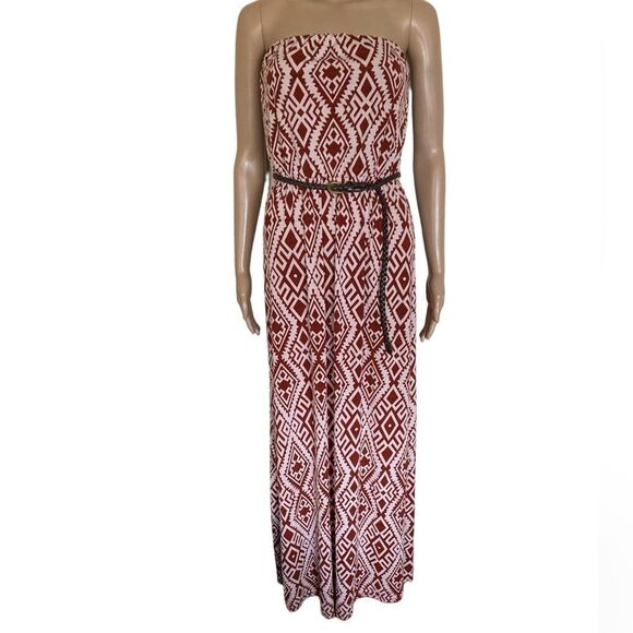 Fio Fio Size M White Red Brick Strapless Western Print Summer Maxi Long Dress - Picture 1 of 7
